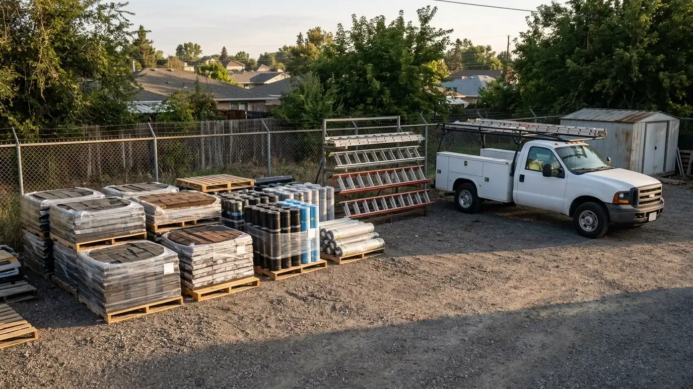 A tidy roofing contractor material yard with neat pallets of shingle bundles and rolls of underlayment, a ladder rack and a work truck in morning light