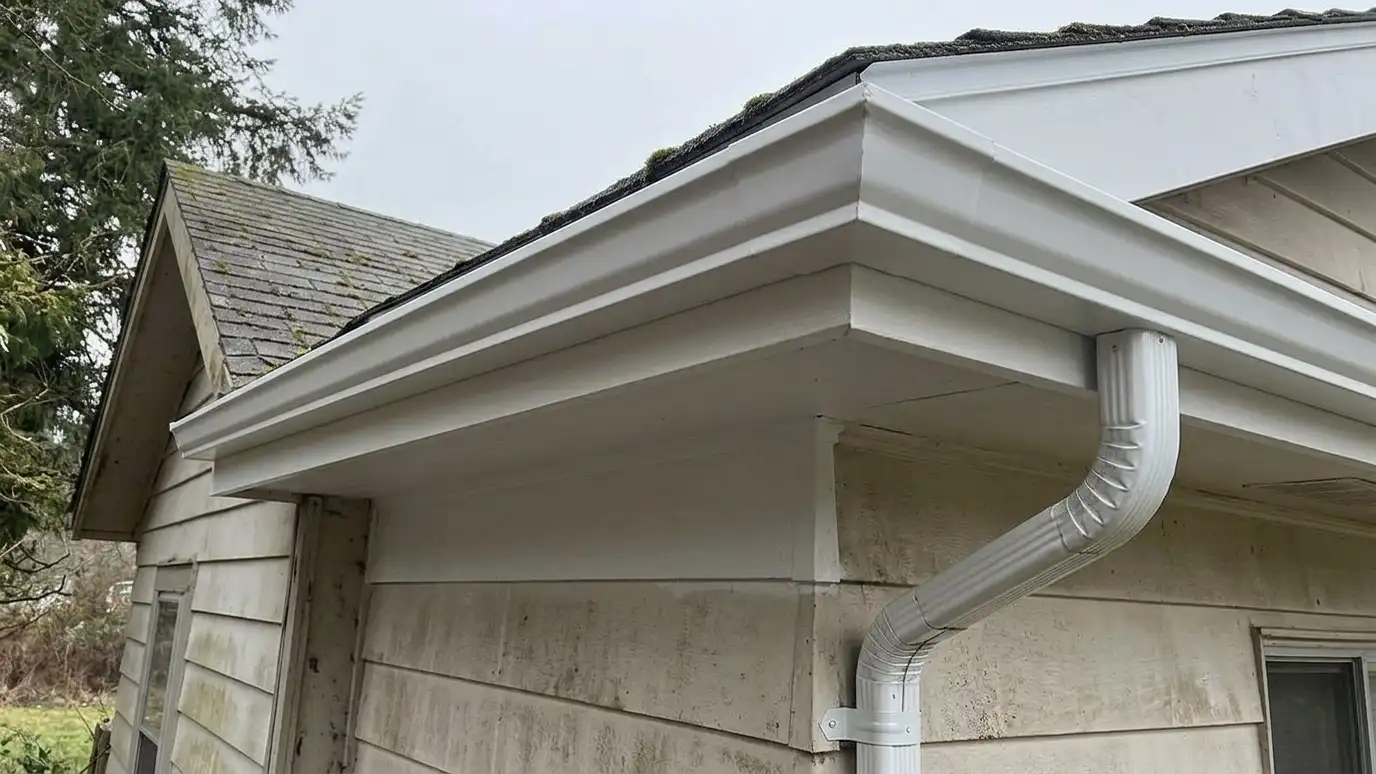 After: Sagging, rusty gutters replaced with clean seamless gutters | Music City Roofing & Siding After: a roof edge with new straight white seamless gutters with a clean fascia and a neat downspout