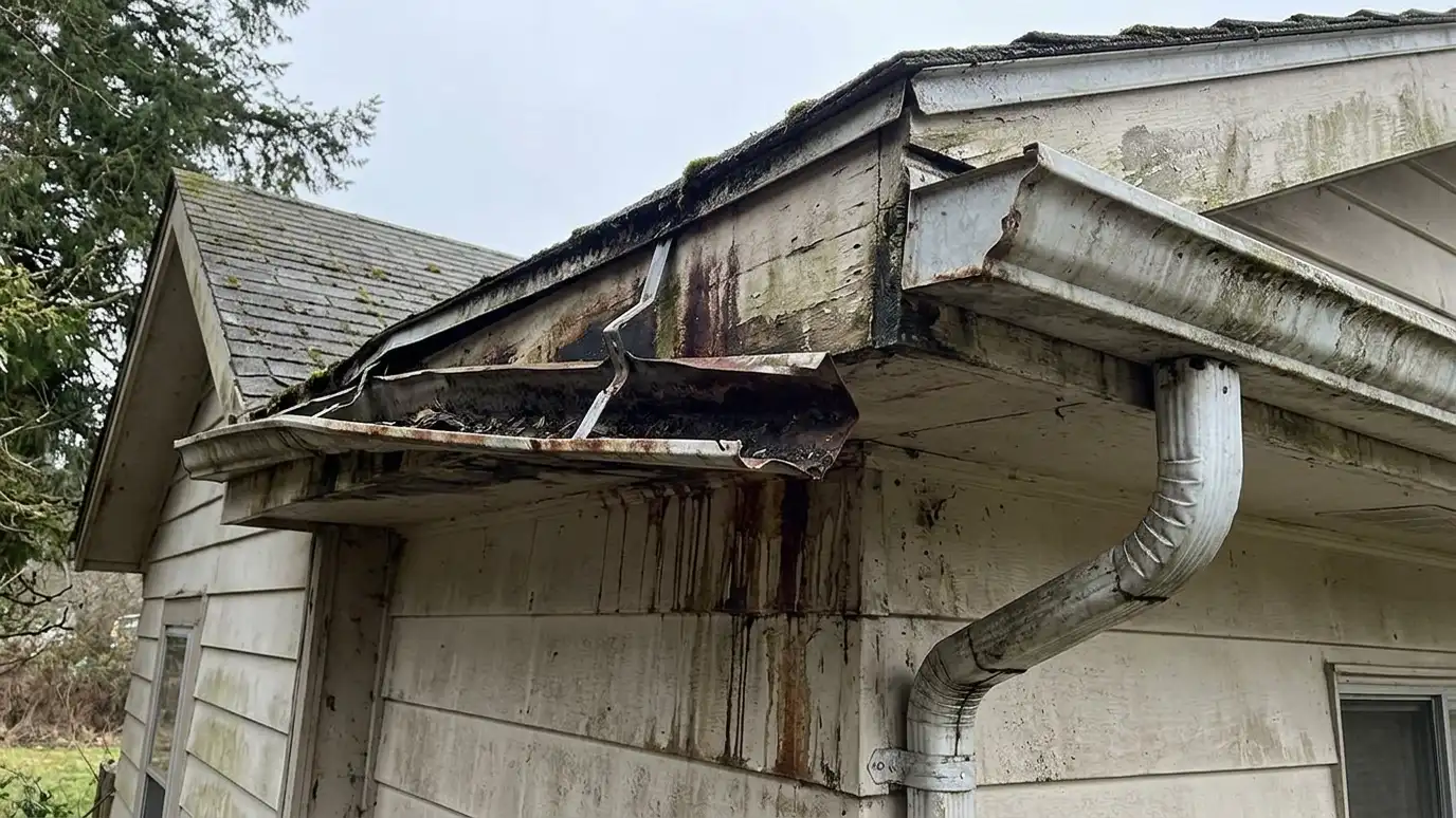 Before: a roof edge with sagging, rusty, pulled-away gutters with stains down the fascia and a bent downspout