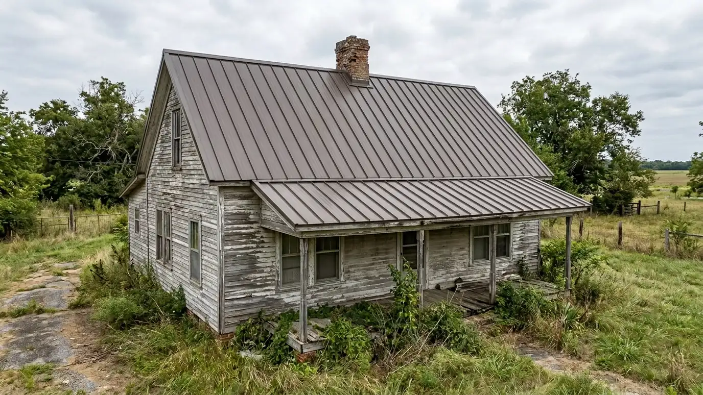After: a farmhouse roof with a new standing seam metal roof in matte dark bronze with crisp straight seams