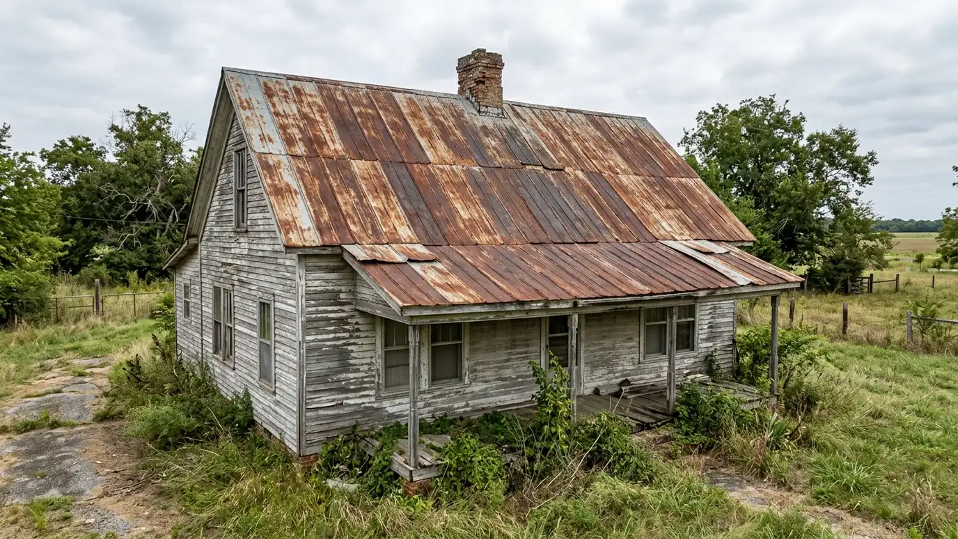 Before: a farmhouse roof with a rusty, dented corrugated metal roof with faded paint and loose panels