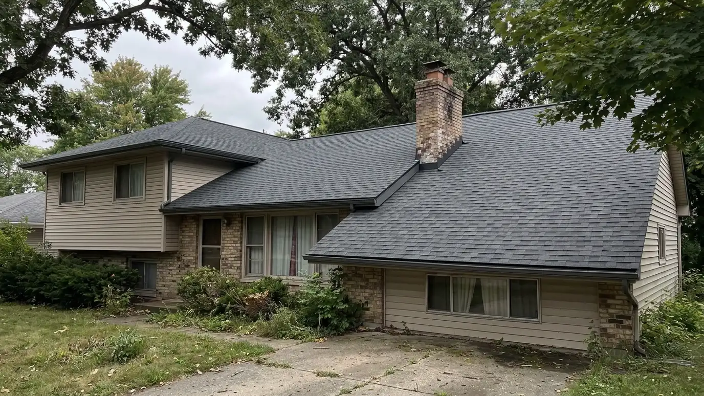 After: An old, curling shingle roof replaced with a clean charcoal architectural shingle roof | Music City Roofing & Siding After: a roof with a brand new charcoal architectural shingle roof with neat ridge caps, fresh drip edge and clean flashing