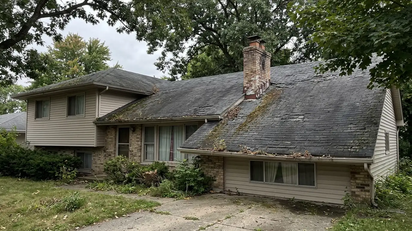 Before: a roof with an aging asphalt shingle roof with curling, patchy shingles, moss streaks and a stained chimney