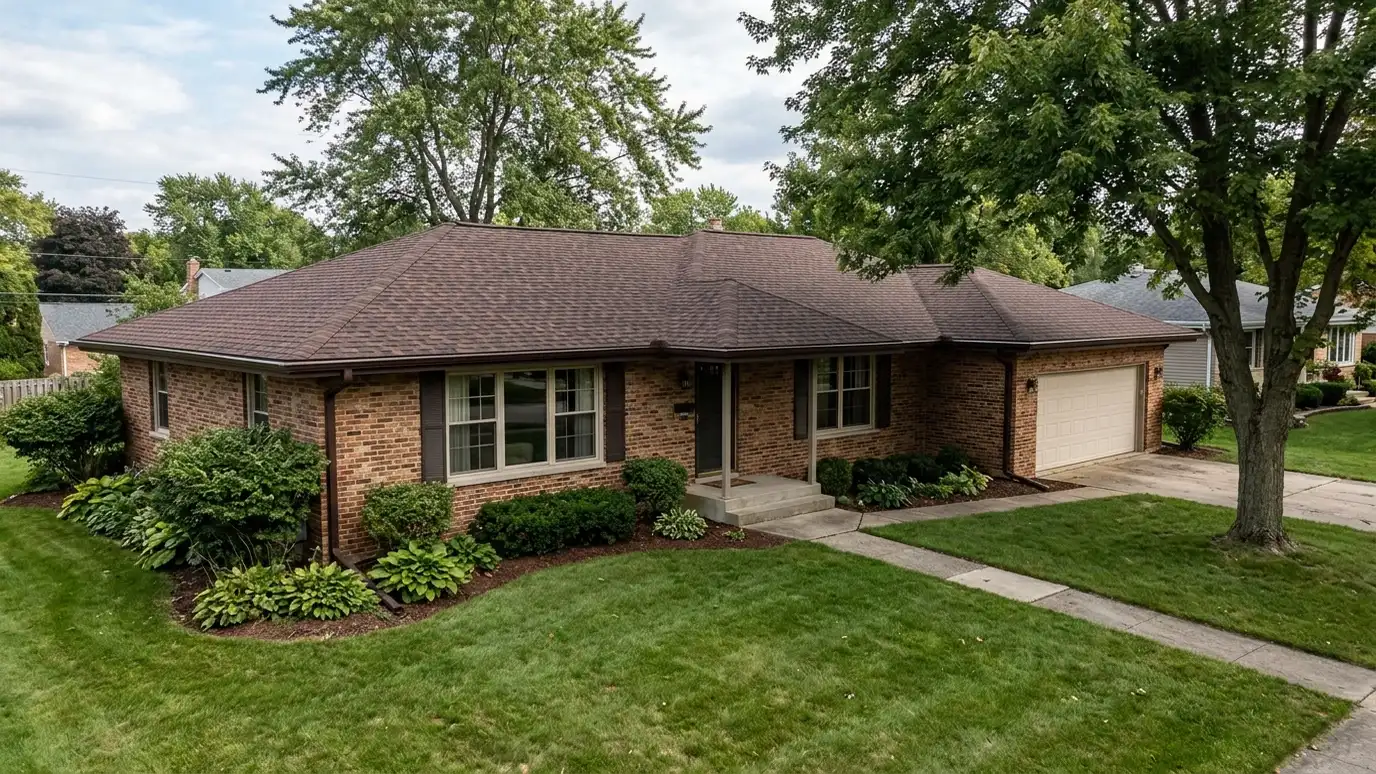 A beautiful home in Antioch, Tennessee with a new architectural shingle roof, clean gutters and a neat lawn in warm light