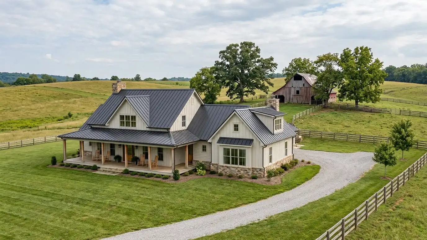 Roofing contractor in Arrington, TN A beautiful home in Arrington, Tennessee with a new architectural shingle roof, clean gutters and a neat lawn in warm light