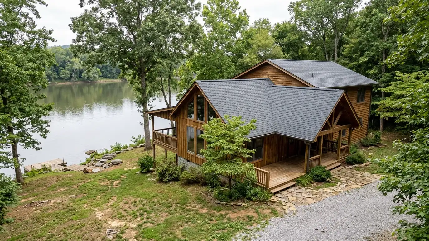 A beautiful home in Ashland City, Tennessee with a new architectural shingle roof, clean gutters and a neat lawn in warm light