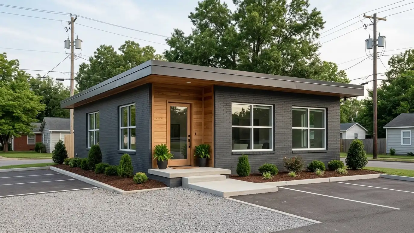 A beautiful home in Berry Hill, Tennessee with a new architectural shingle roof, clean gutters and a neat lawn in warm light