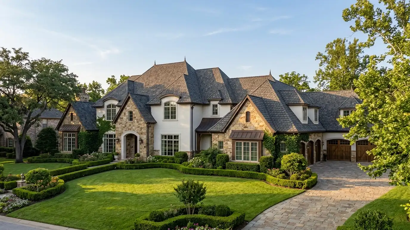 A beautiful home in Brentwood, Tennessee with a new architectural shingle roof, clean gutters and a neat lawn in warm light
