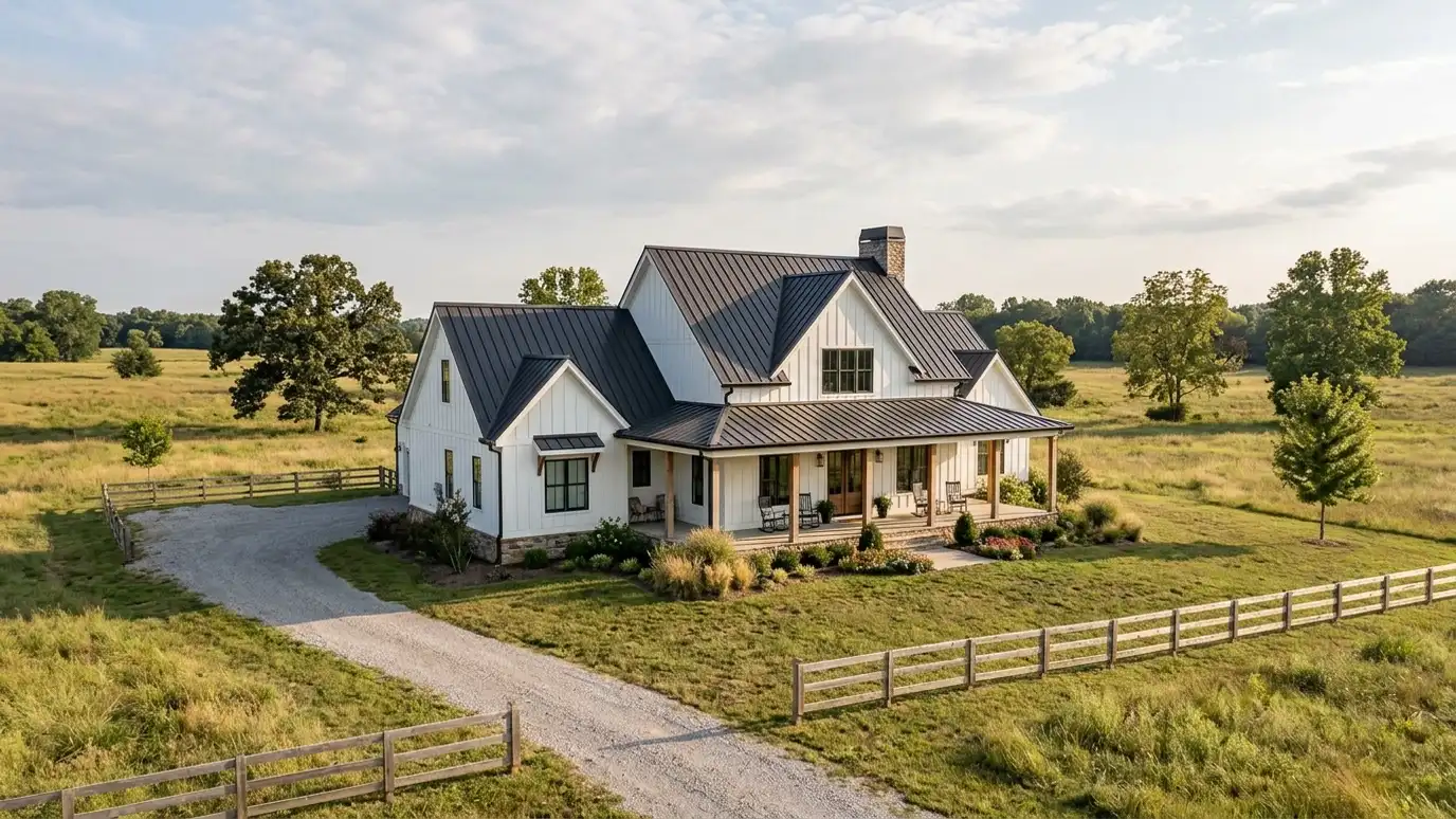 A beautiful home in College Grove, Tennessee with a new architectural shingle roof, clean gutters and a neat lawn in warm light