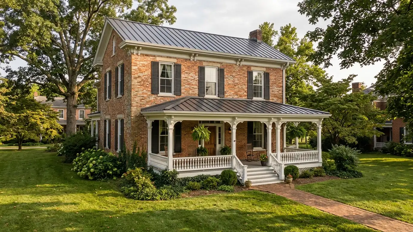 Roofing contractor in Columbia, TN A beautiful home in Columbia, Tennessee with a new architectural shingle roof, clean gutters and a neat lawn in warm light