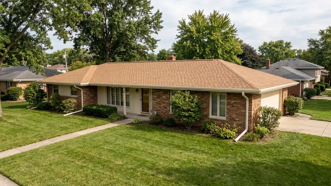 A beautiful home in Donelson, Tennessee with a new architectural shingle roof, clean gutters and a neat lawn in warm light