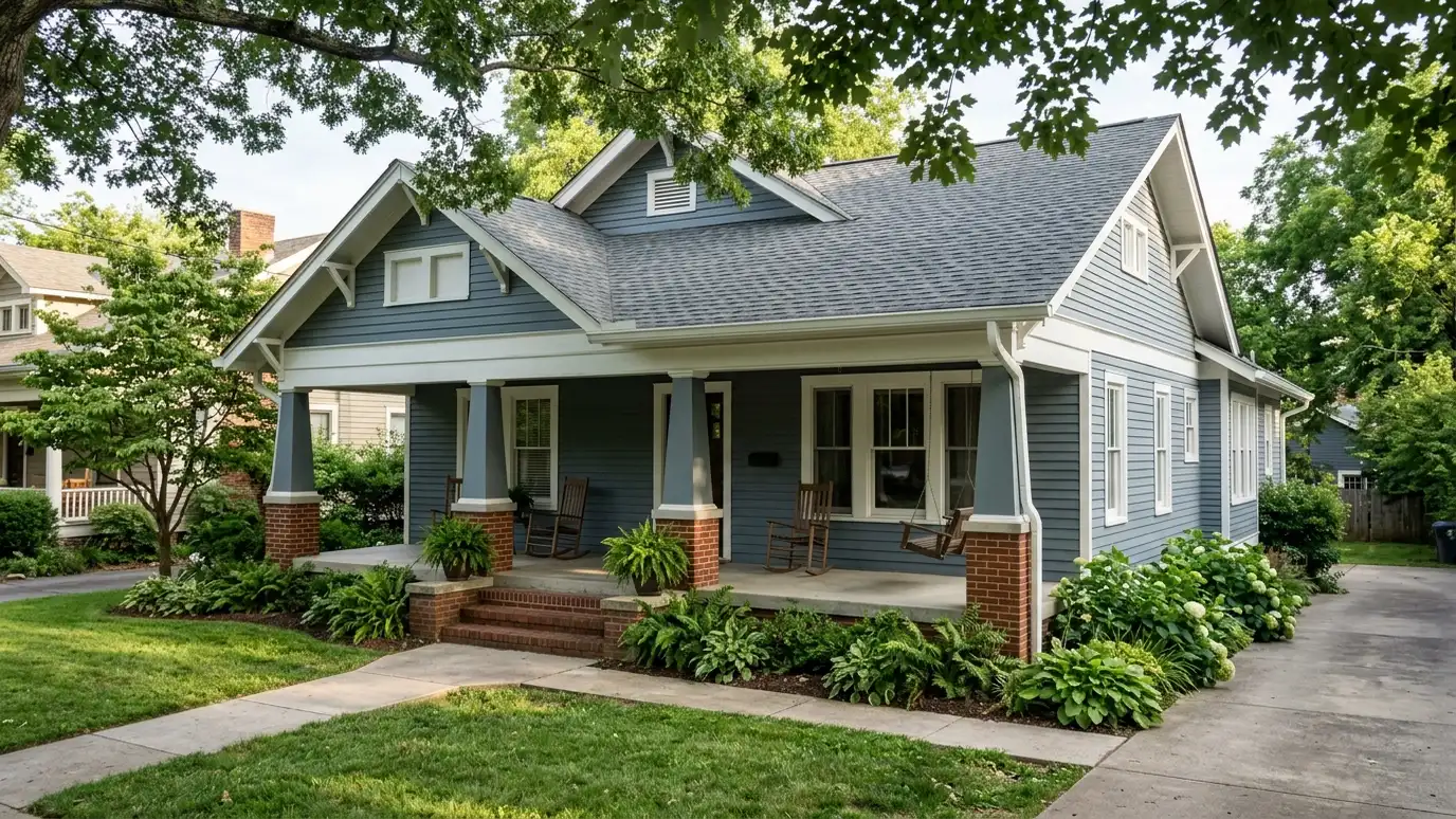 A beautiful home in East Nashville, Tennessee with a new architectural shingle roof, clean gutters and a neat lawn in warm light