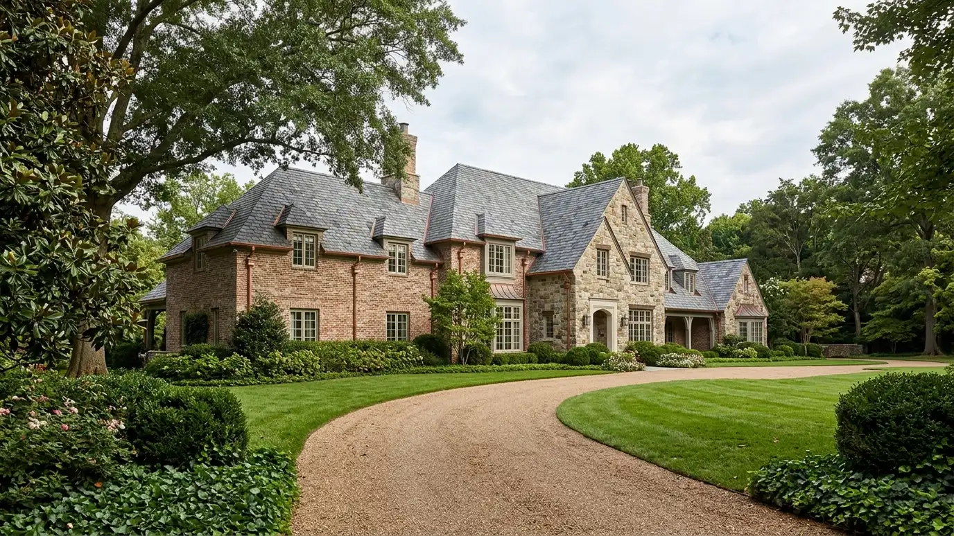 A beautiful home in Forest Hills, Tennessee with a new architectural shingle roof, clean gutters and a neat lawn in warm light