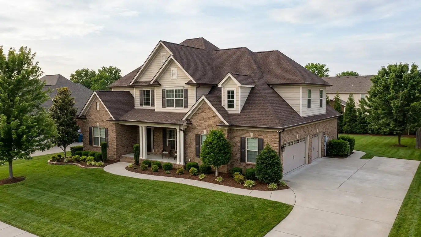 A beautiful home in Gallatin, Tennessee with a new architectural shingle roof, clean gutters and a neat lawn in warm light