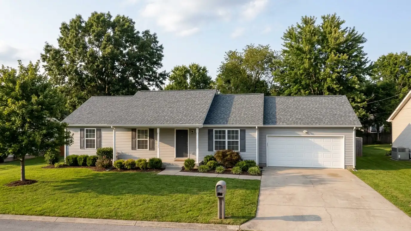 A beautiful home in Goodlettsville, Tennessee with a new architectural shingle roof, clean gutters and a neat lawn in warm light