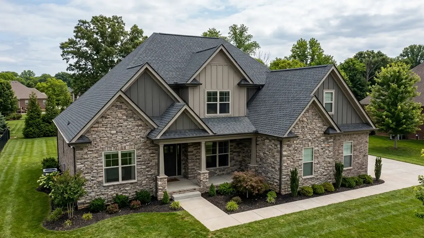 A beautiful home in Lebanon, Tennessee with a new architectural shingle roof, clean gutters and a neat lawn in warm light