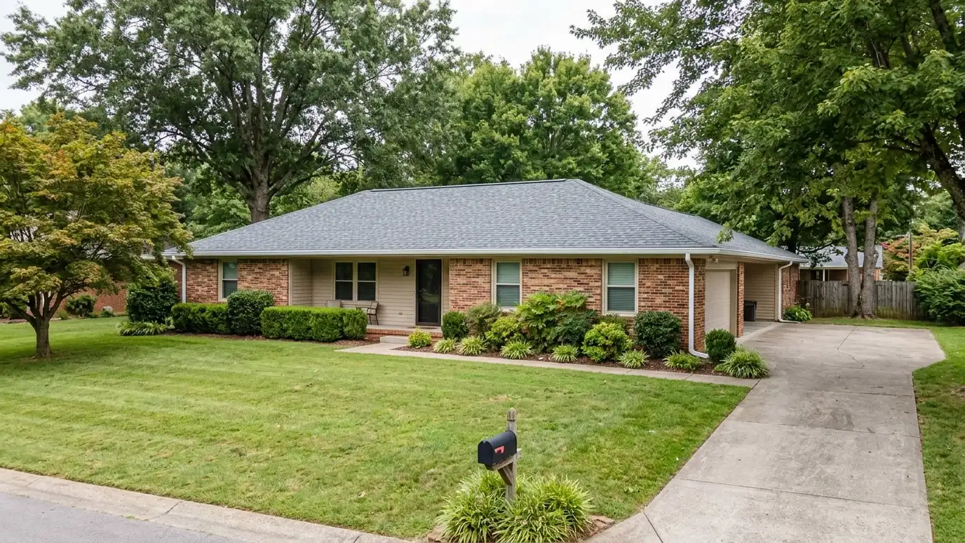 A beautiful home in Madison, Tennessee with a new architectural shingle roof, clean gutters and a neat lawn in warm light