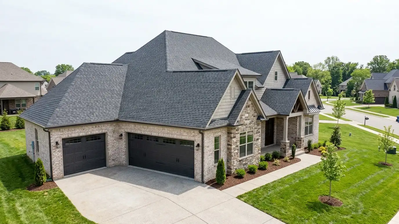 A beautiful home in Mt. Juliet, Tennessee with a new architectural shingle roof, clean gutters and a neat lawn in warm light