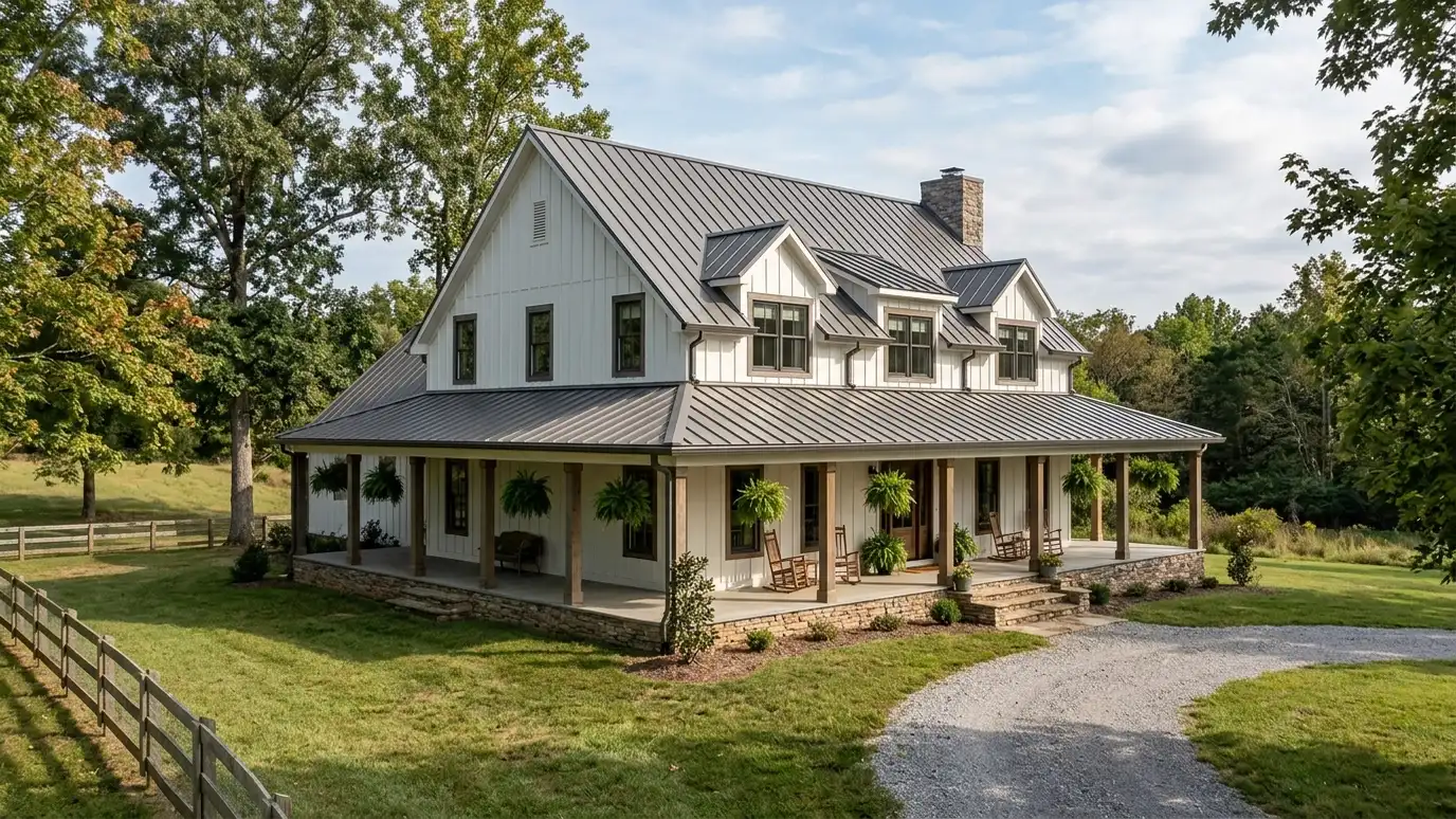 A beautiful home in Nolensville, Tennessee with a new architectural shingle roof, clean gutters and a neat lawn in warm light