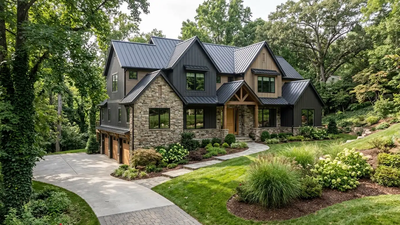 Roofing contractor in Oak Hill, TN A beautiful home in Oak Hill, Tennessee with a new architectural shingle roof, clean gutters and a neat lawn in warm light