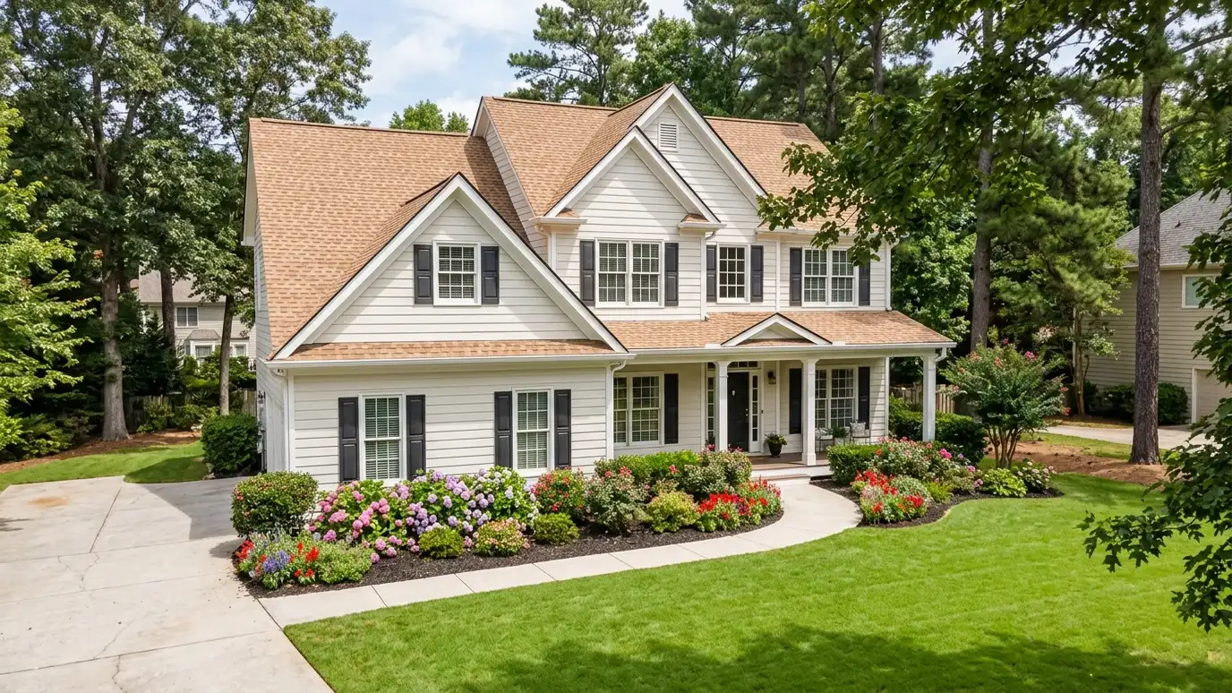 A beautiful home in Smyrna, Tennessee with a new architectural shingle roof, clean gutters and a neat lawn in warm light