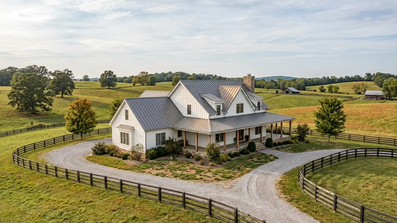 A beautiful home in Thompsons Station, Tennessee with a new architectural shingle roof, clean gutters and a neat lawn in warm light