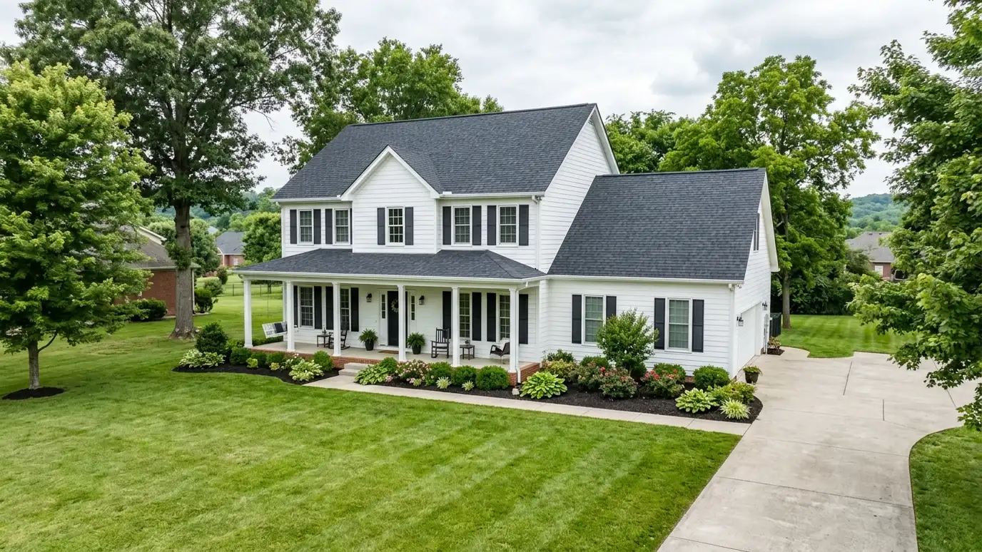 A beautiful home in White House, Tennessee with a new architectural shingle roof, clean gutters and a neat lawn in warm light