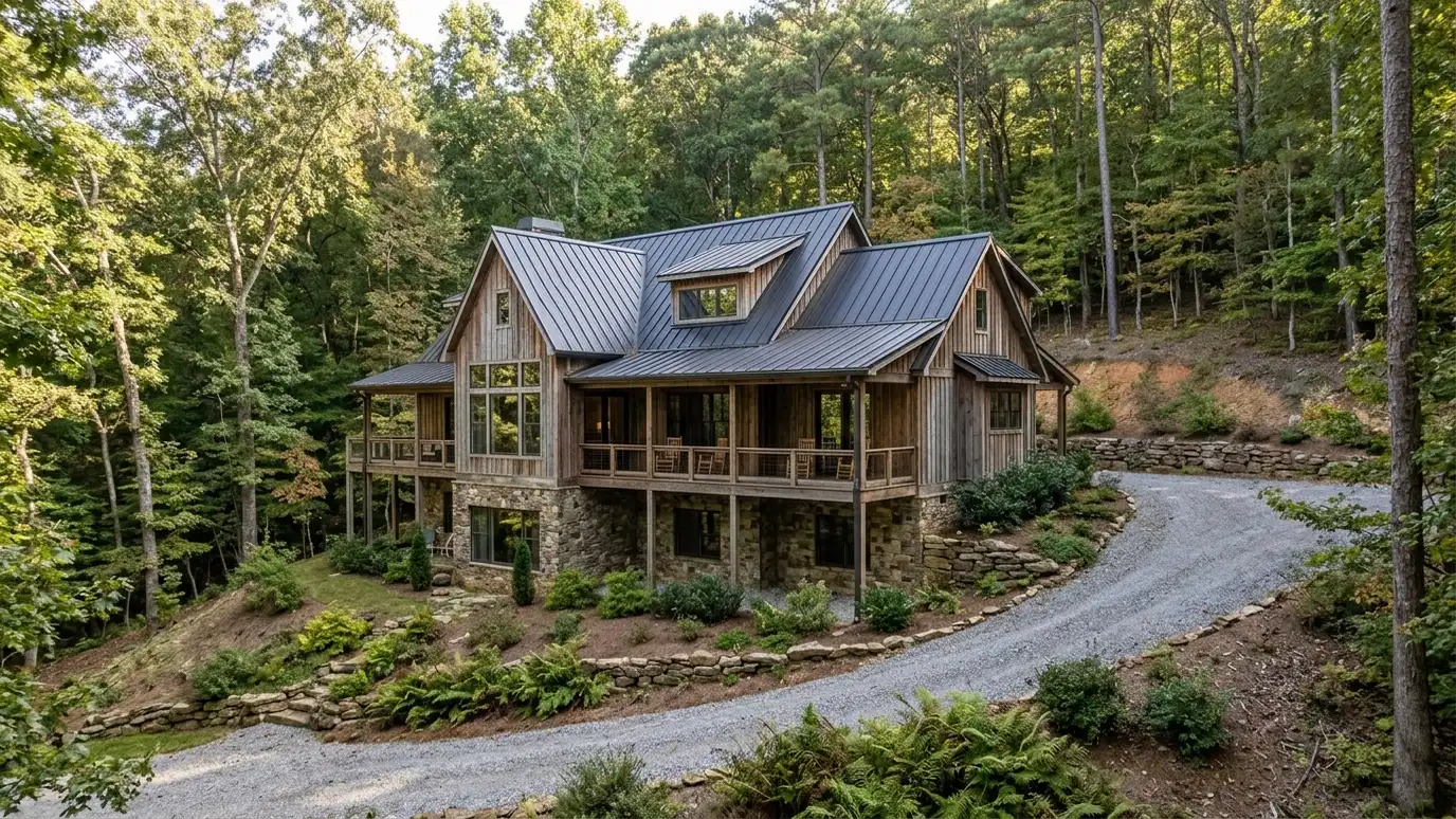A beautiful home in Whites Creek, Tennessee with a new architectural shingle roof, clean gutters and a neat lawn in warm light