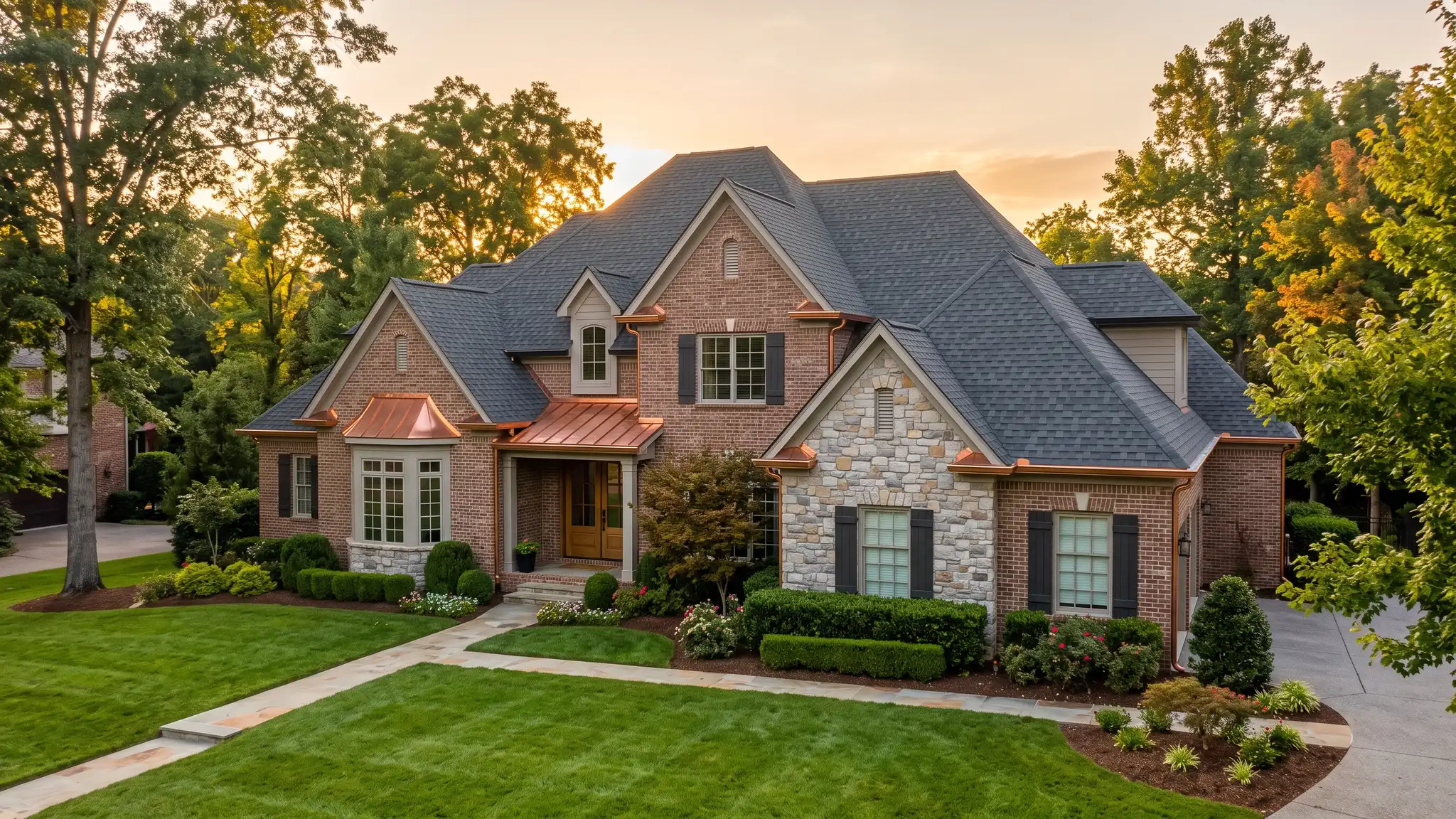 A beautiful Nashville two-story brick and stone home with a new charcoal architectural shingle roof, copper accents and fresh gutters at golden hour with a green lawn
