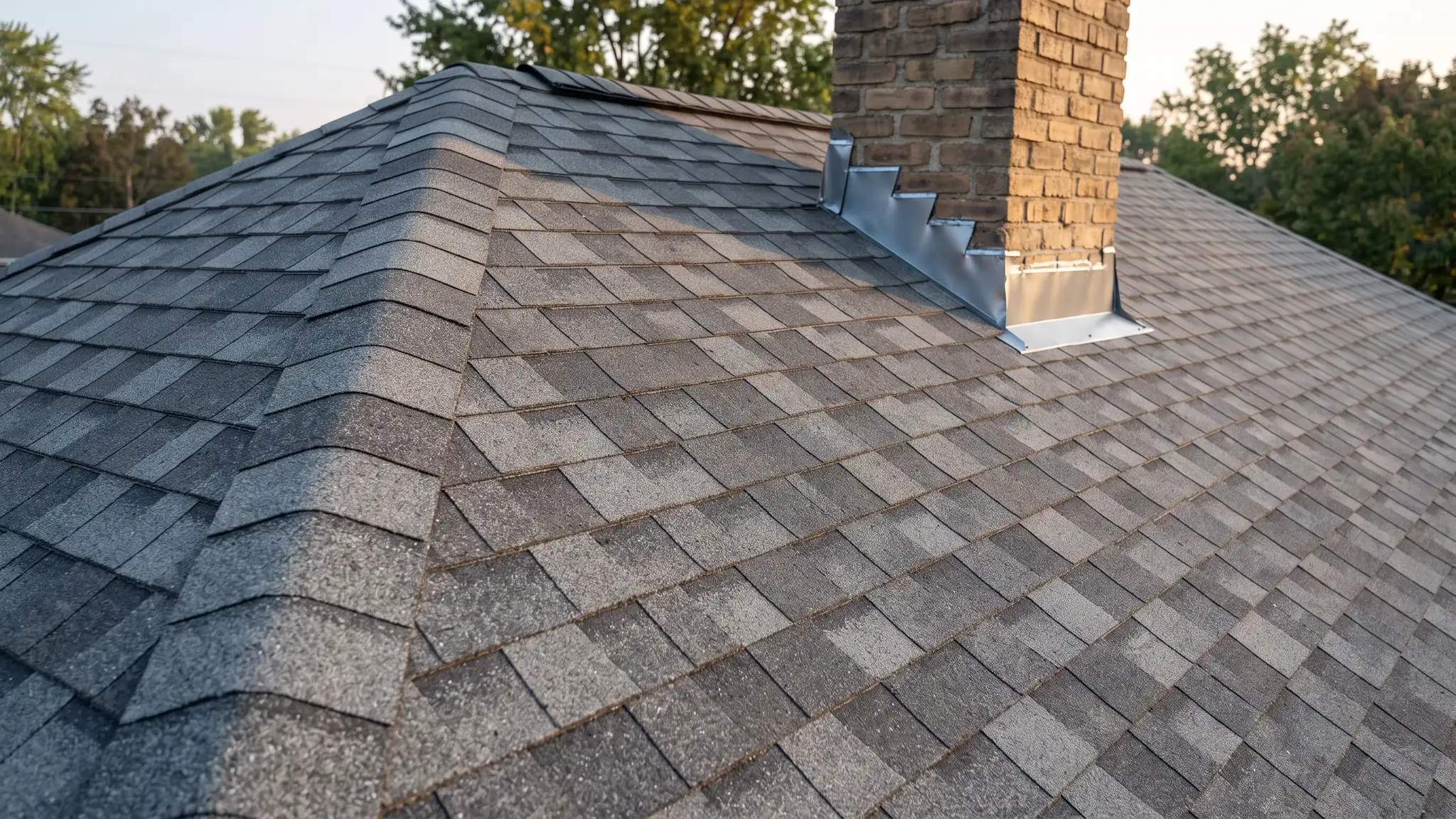 A close angled view of a freshly installed architectural shingle roof in weathered gray with crisp ridge caps, a chimney with metal flashing and soft morning light