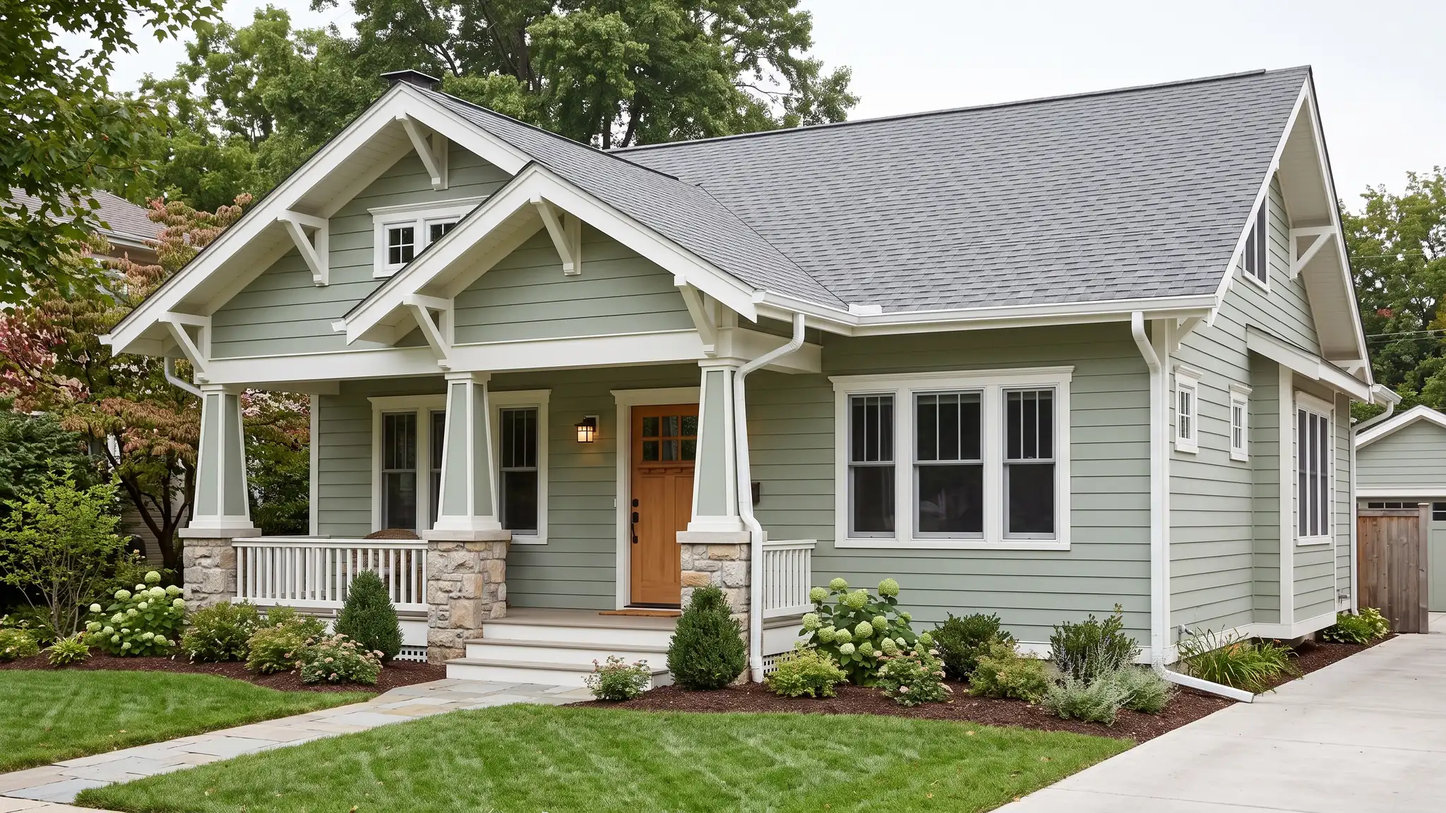 A charming craftsman home with new fiber cement lap siding in soft sage green, white trim and seamless gutters