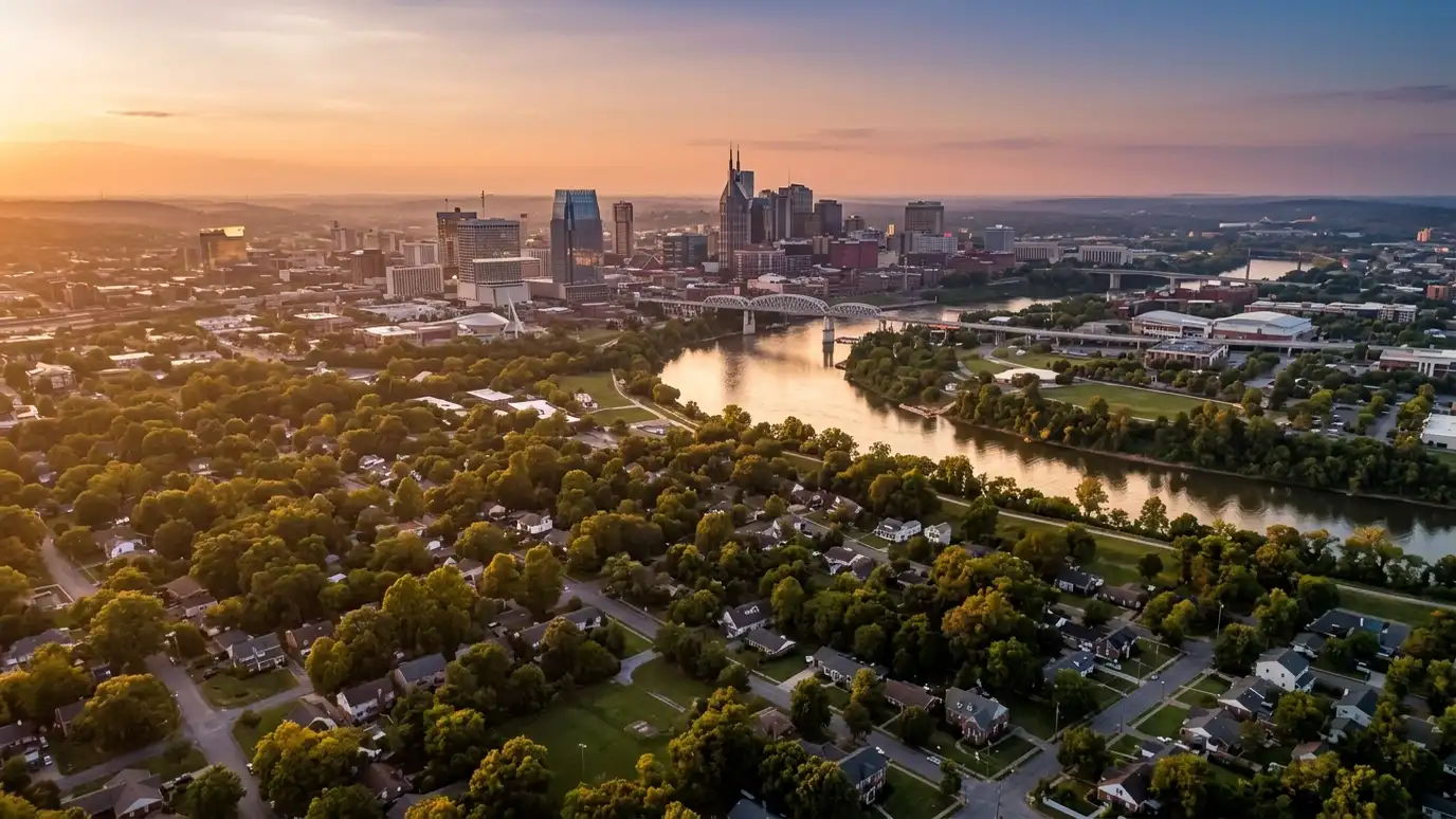 A golden sunset aerial view of the Nashville skyline above tree-covered suburban neighborhoods with a winding river