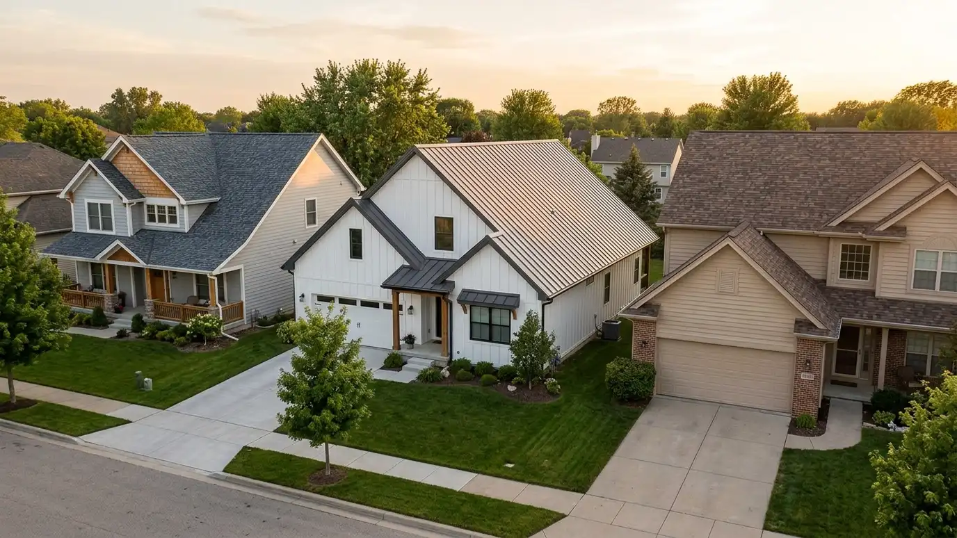 Roofing gallery | Music City Roofing & Siding A row of three finished houses in a neighborhood, each with a different new roof: charcoal shingles, standing seam metal and brown shingles, in golden light