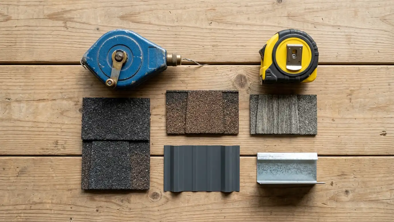 A neat flat lay of roofing tools and samples on a wooden surface: a chalk line, a tape measure, shingle samples, a metal panel sample and a drip edge piece