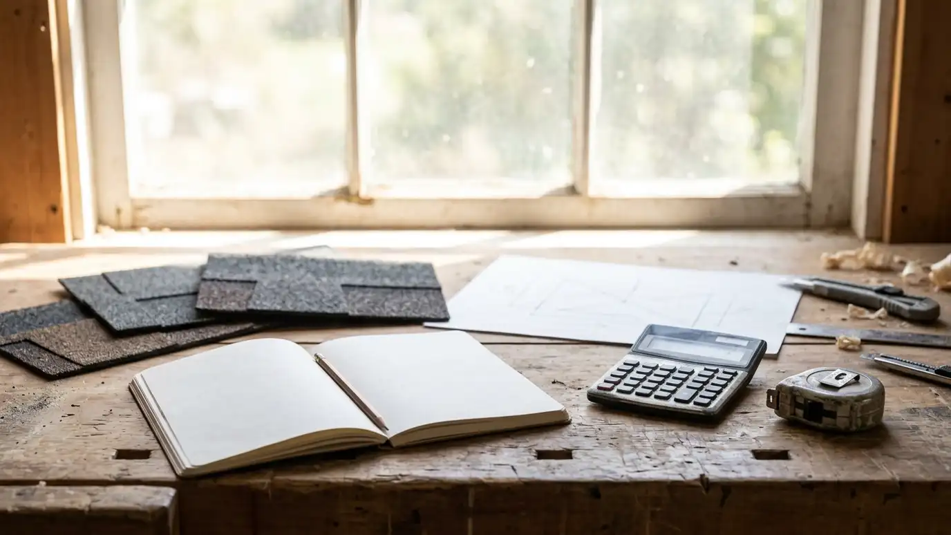 A workbench with an open blank notebook, a calculator, a tape measure, a few shingle samples and a bright window behind
