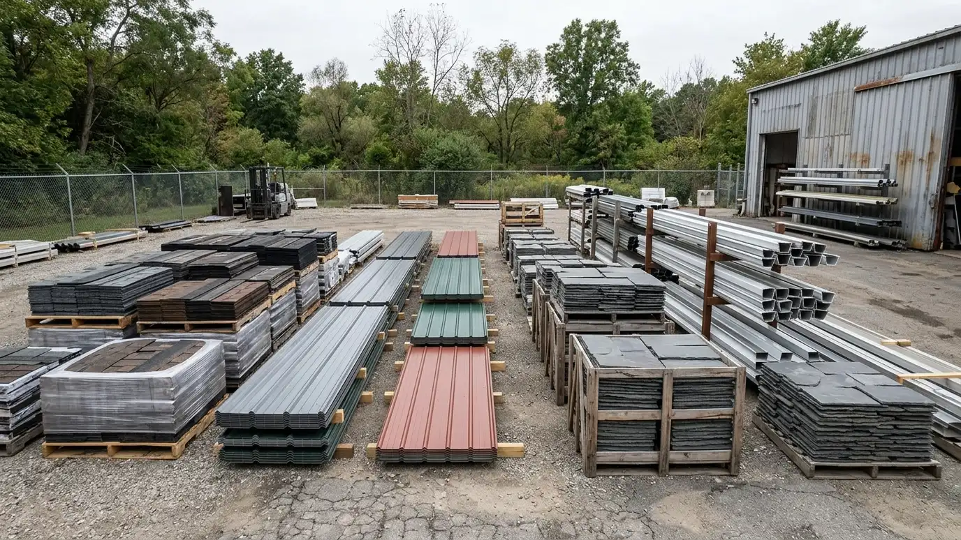 A tidy roofing supply yard with neat pallets of shingle bundles, stacked metal roofing panels, slate tiles and gutter sections in soft light