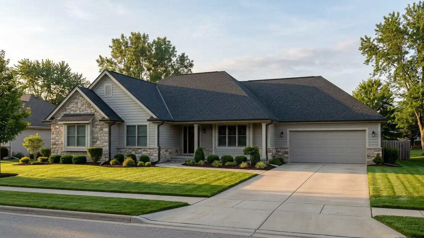 A finished clean new roof on a home with tidy gutters, a swept driveway and a neat lawn in soft morning light
