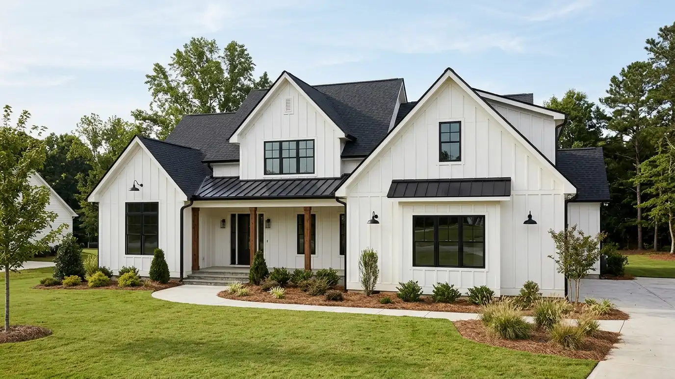 A modern farmhouse with white board and batten siding and black windows A modern farmhouse with white board and batten siding and black windows