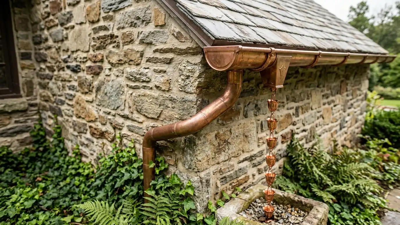 A half-round copper gutter with a copper downspout and rain chain on a stone home A half-round copper gutter with a copper downspout and rain chain on a stone home