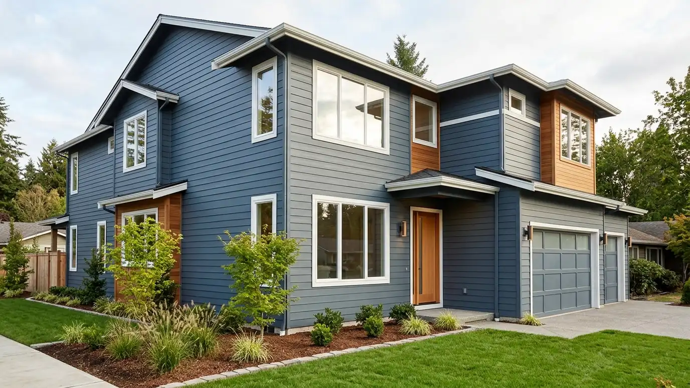 A modern house with fiber cement lap siding painted deep blue-gray with crisp white window trim A modern house with fiber cement lap siding painted deep blue-gray with crisp white window trim