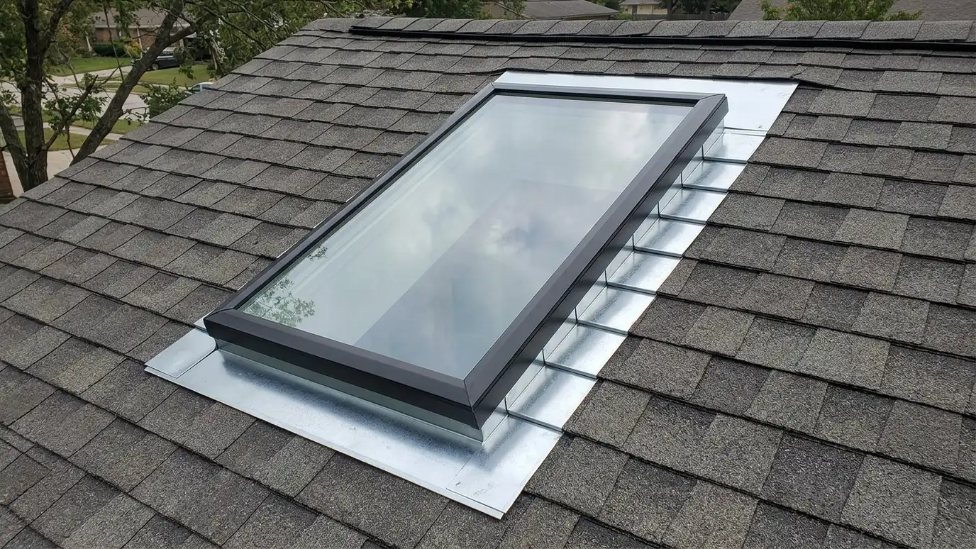 A new skylight installed in a shingle roof with clean step flashing around it A new skylight installed in a shingle roof with clean step flashing around it