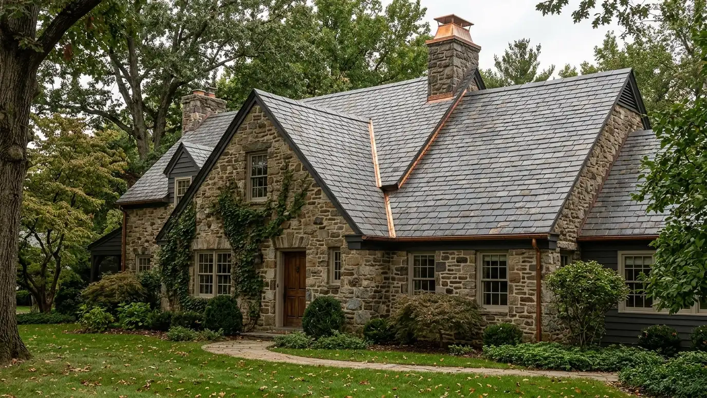 A historic stone home with a natural gray slate roof with copper valleys and a copper chimney cap A historic stone home with a natural gray slate roof with copper valleys and a copper chimney cap