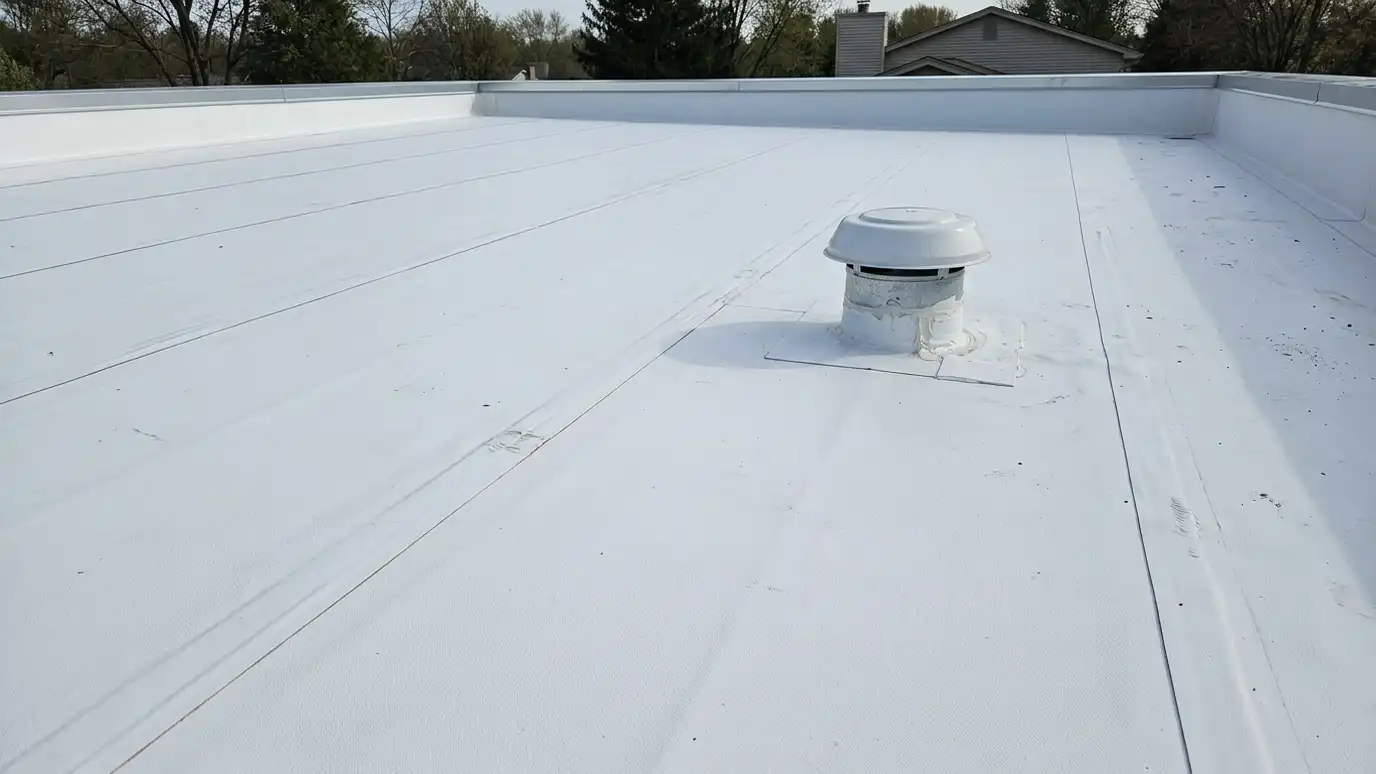 A white TPO roofing membrane with heat-welded seams and a rooftop vent on a flat roof A white TPO roofing membrane with heat-welded seams and a rooftop vent on a flat roof